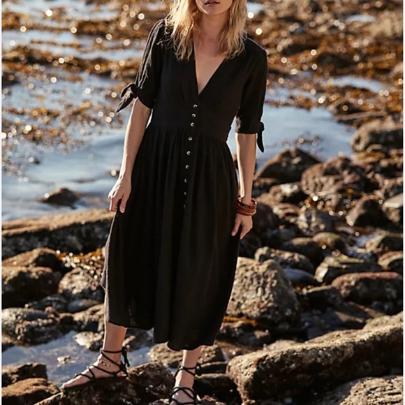 Free People Black Long Sleeve Button Down Love Of My Life Midi Dress - Picture 1 of 6